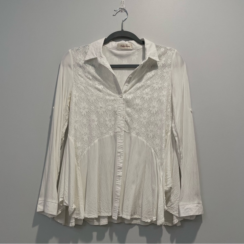 ‘ flowy button down white lace blouse
